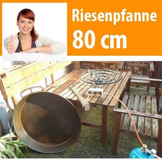 Riesenpfanne mieten – 80 cm Gusspfanne inkl. 24-kW-Gasbrenner & Ständer
