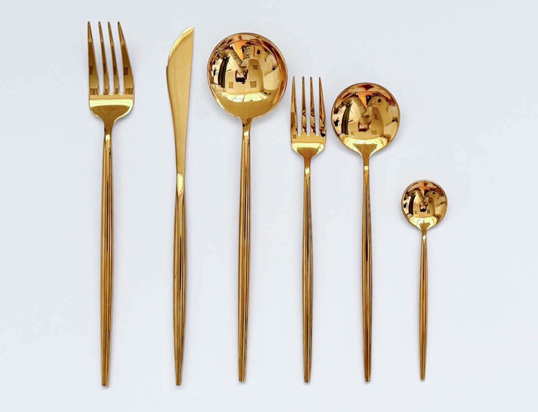 Besteck STILETTO mieten 6-tlg. gold glänzend - Hochzeit & Event Tafeldekoration