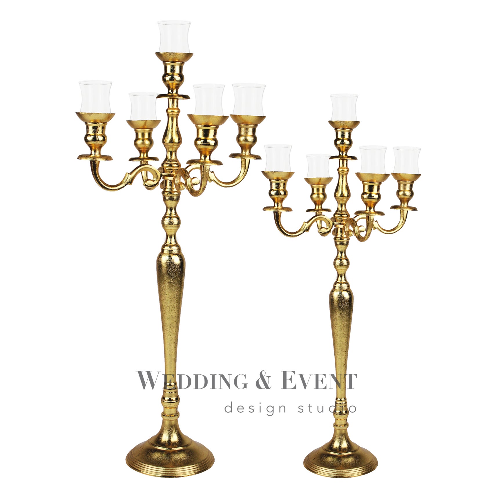 Kerzenständer 5-Arm GOLD mieten - 80 cm inkl. Glasaufsatz, Hochzeitsdekoration