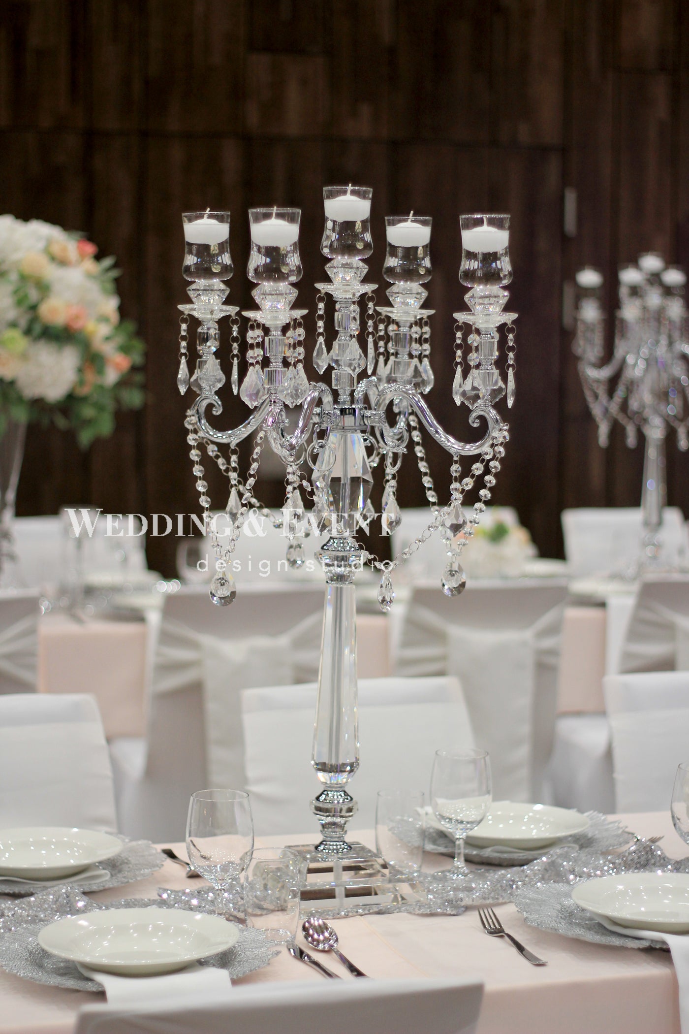 5-Arm Kristall-Kerzenständer DAUPHIN mieten silber - 80 cm inkl. Glasaufsatz, Hochzeit – 3