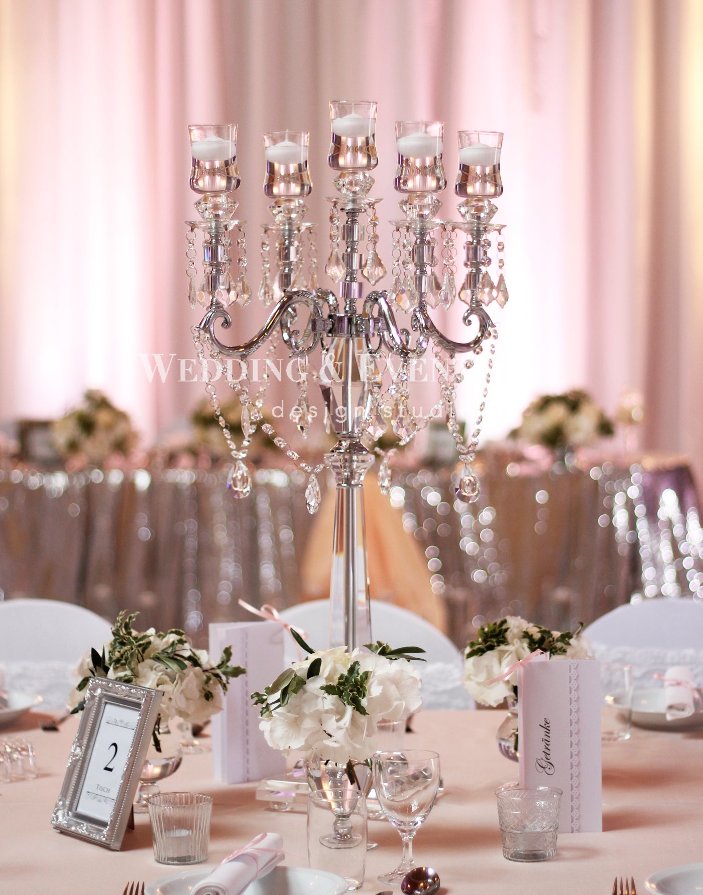 5-Arm Kristall-Kerzenständer DAUPHIN mieten silber - 80 cm inkl. Glasaufsatz, Hochzeit