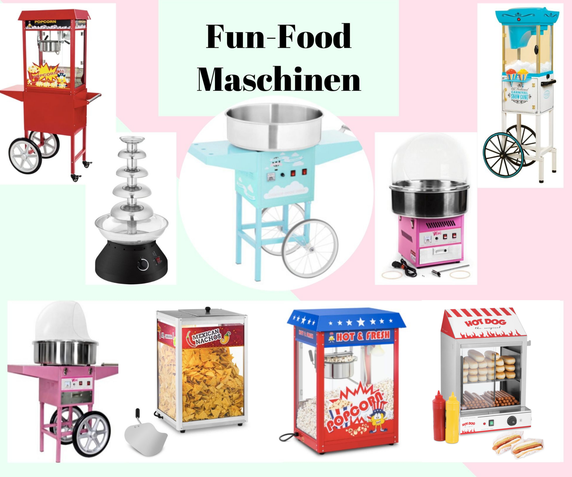 Funfood mieten – Zuckerwatte-, Popcorn-, Hot-Dog- & Schokobrunnen-Maschine