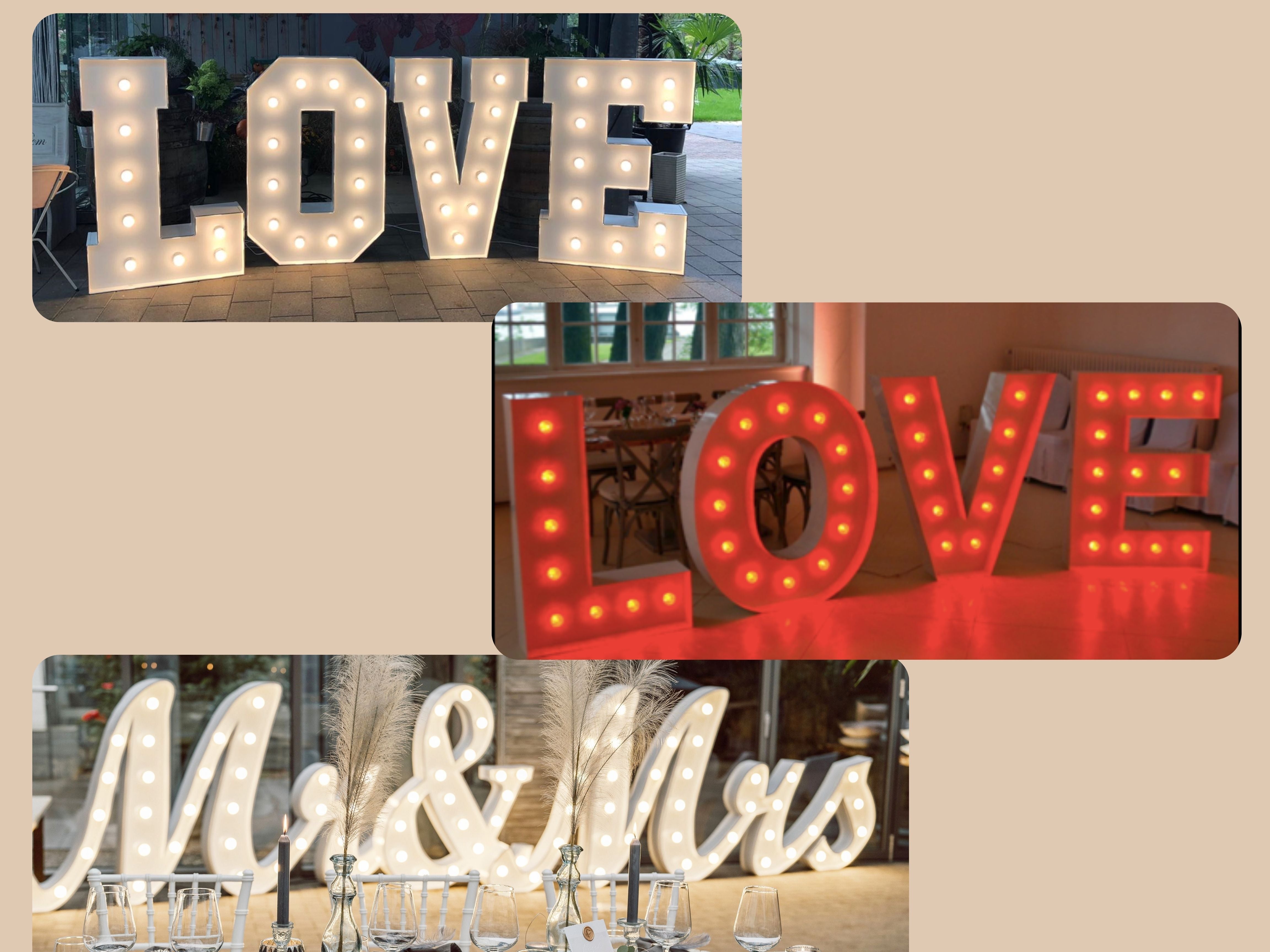XXL LED Love-Buchstaben mieten – Mr & Mrs Leuchtbuchstaben mit Farbwechsel