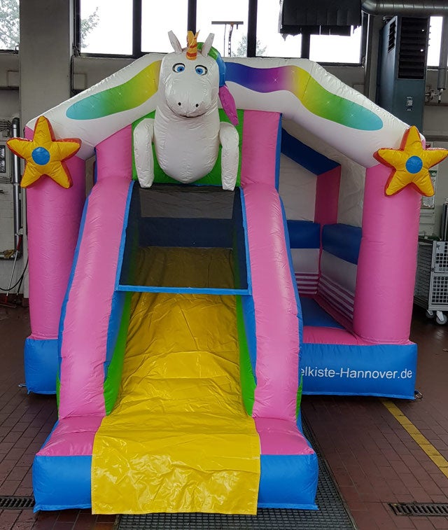 Hüpfburg Einhorn mit Rutsche mieten – Indoor & Outdoor, 6–8 Kinder