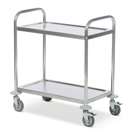 Servierwagen mieten – Edelstahl, 2 Borde, 4 gebremste Räder