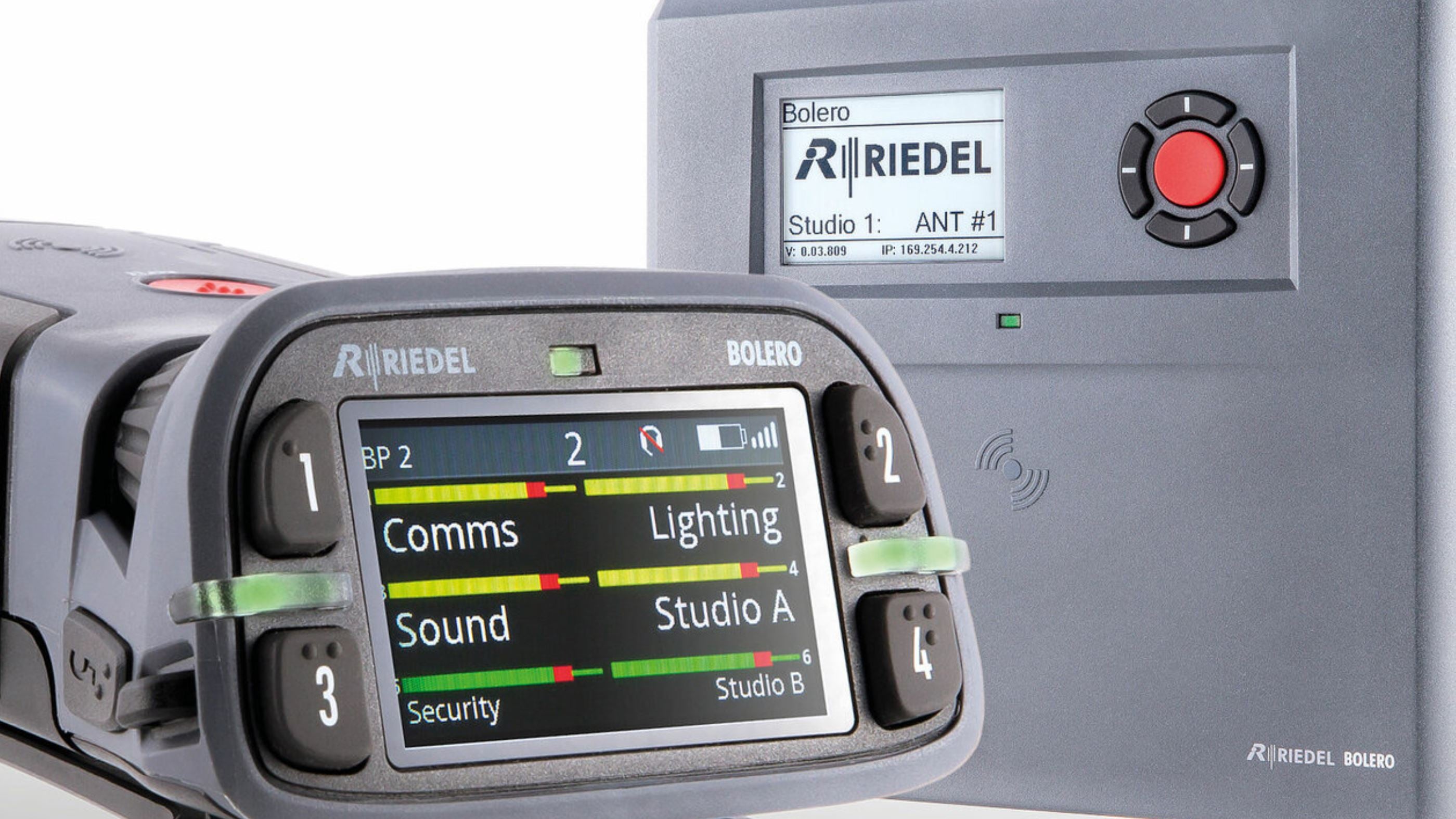 Riedel Bolero Intercom Standalone Set mieten – 1 Antenne & 5 Beltpacks mit Headset