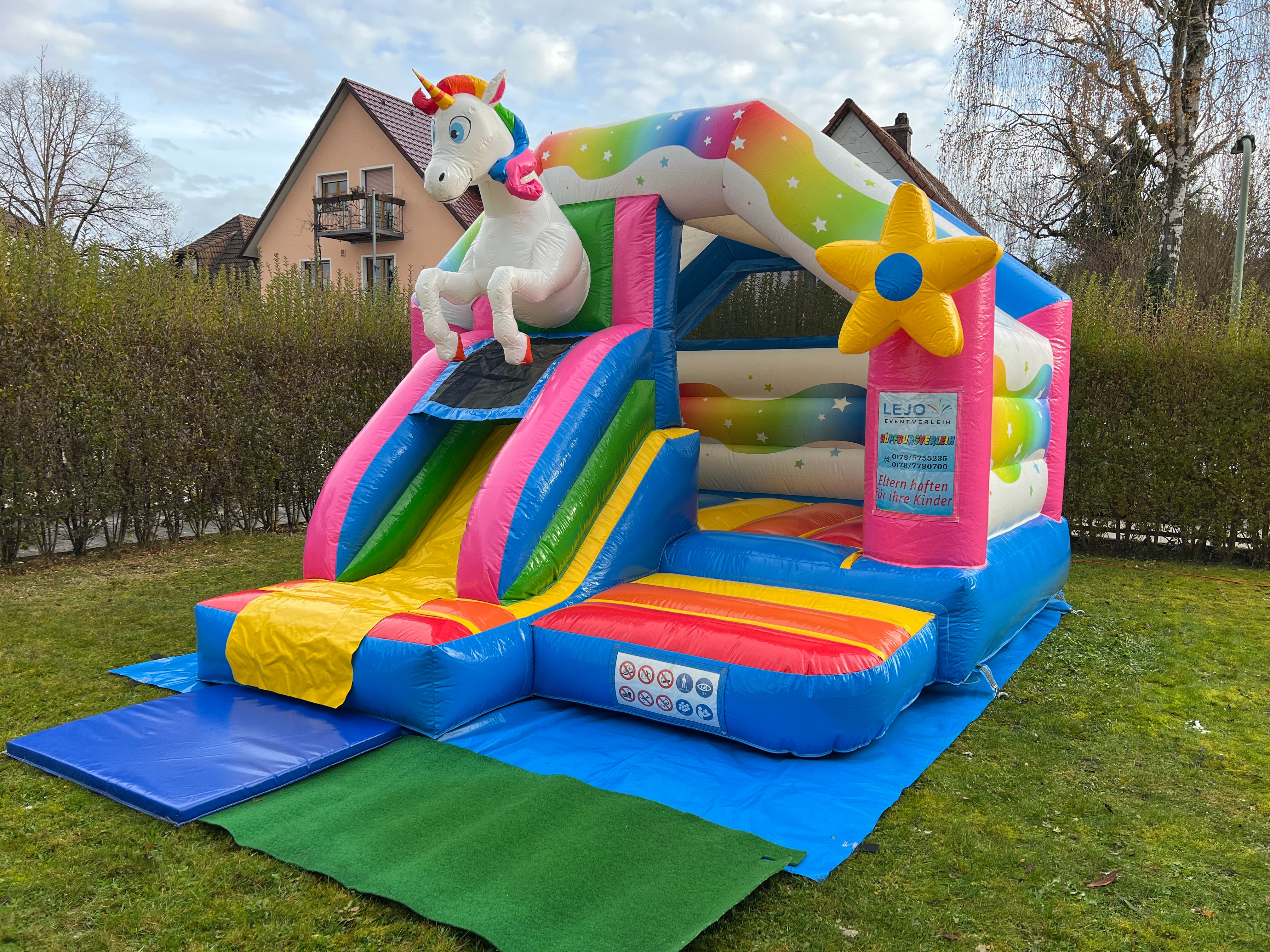 Hüpfburg Einhorn mit Rutsche mieten München – Kindergeburtstag