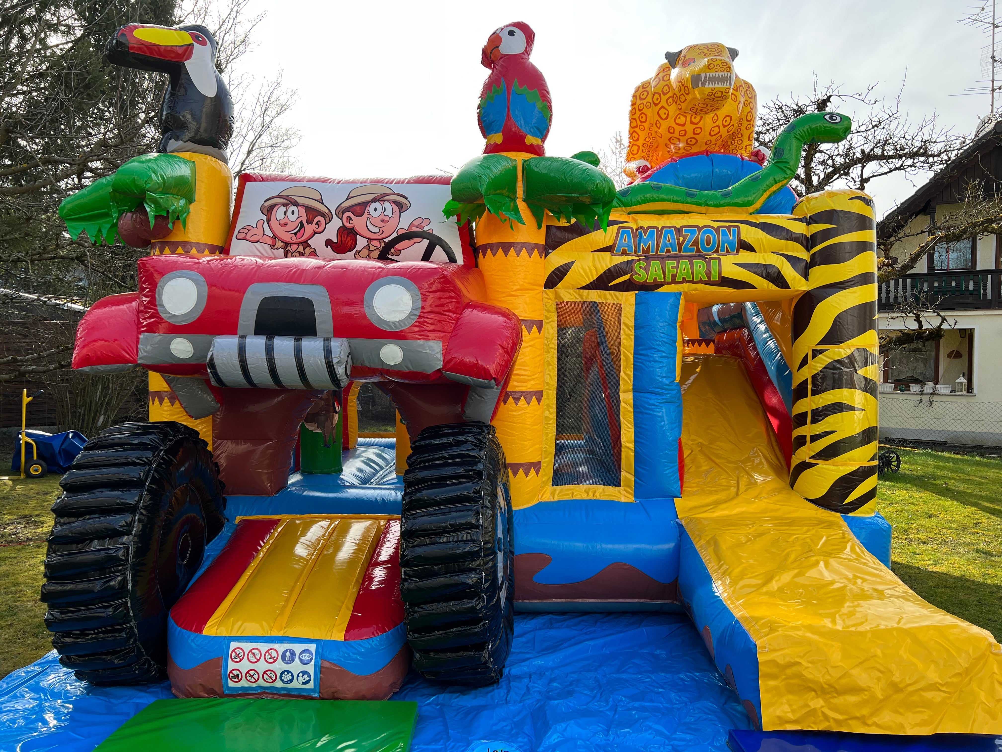 Hüpfburg Safari Multiplay mit Rutsche mieten München – Tier-Design