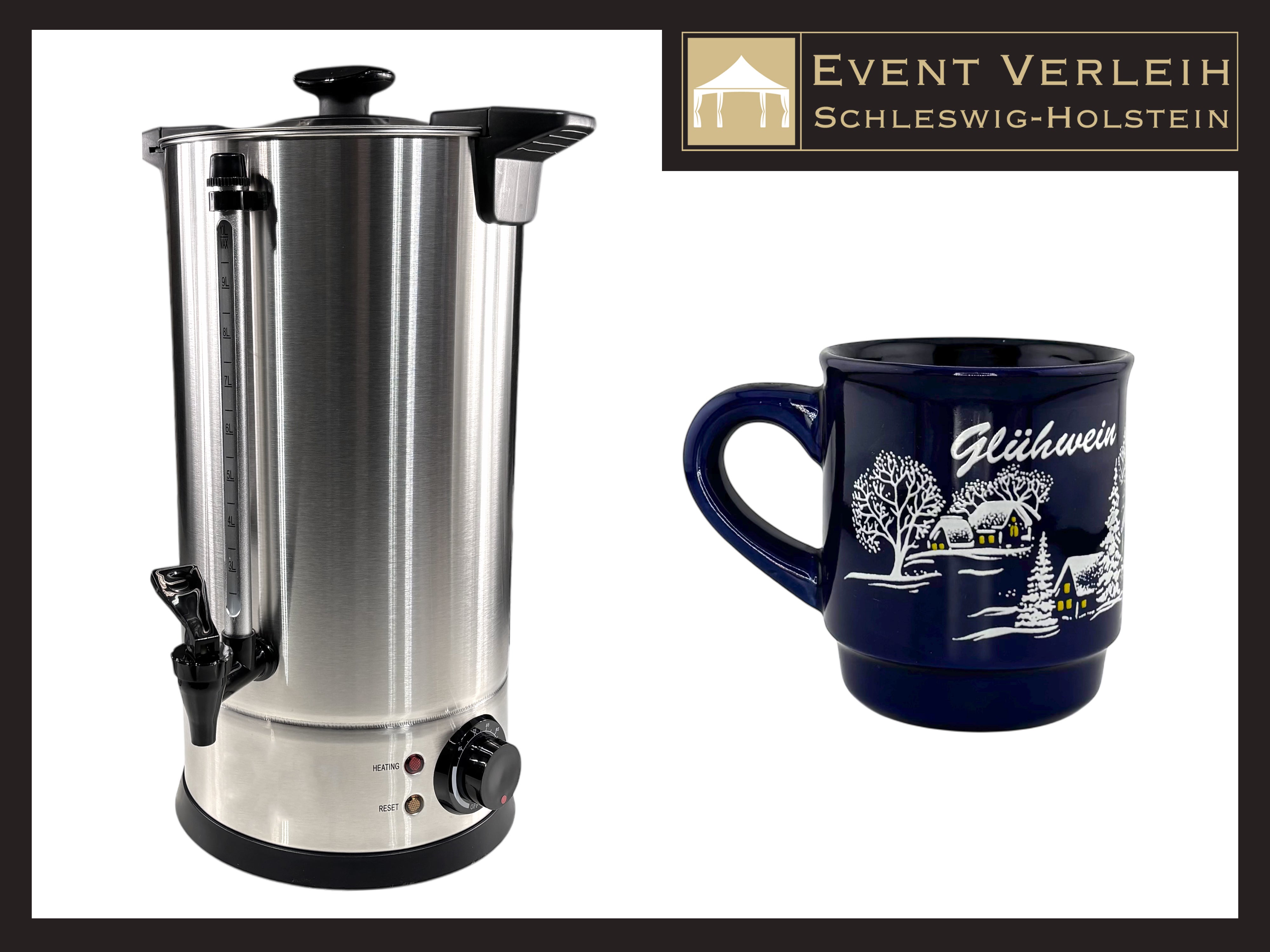 Glühweinspender & Glühweinbecher mieten – 10 l Edelstahl mit Zapfhahn für Weihnachtsfeier & Punsch