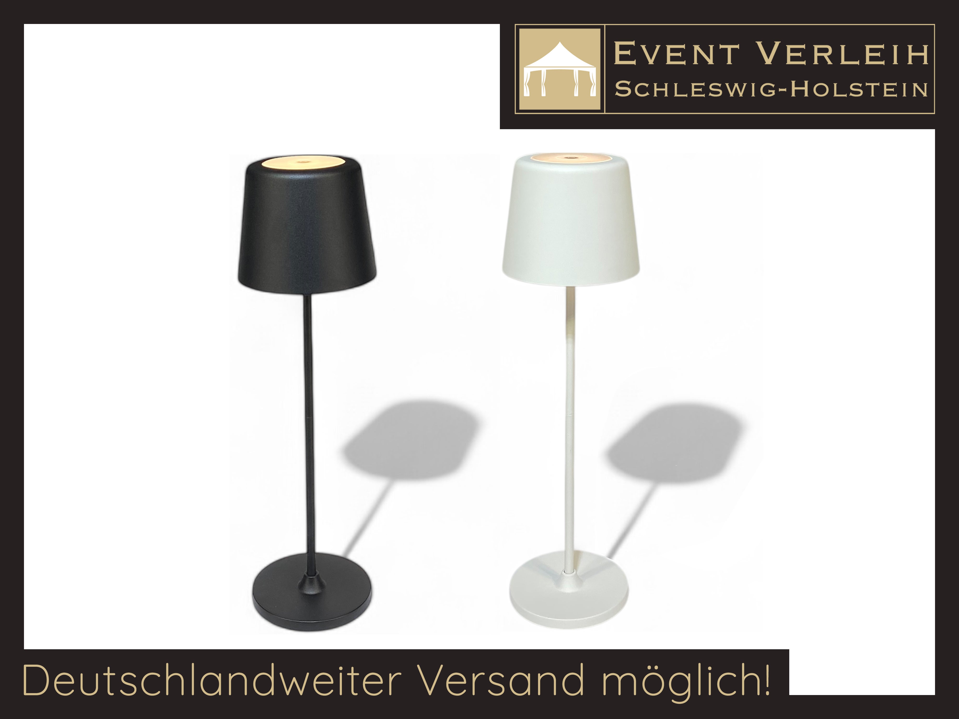Akku-Tischlampen für Events mieten – dimmbare LED-Tischleuchten, warmweiß, IP44