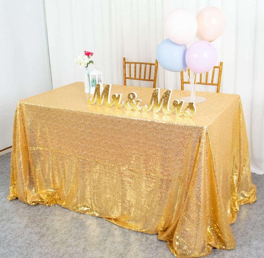 Tischdecken mieten – Baumwolle, Satin & Paillette in Weiß, Gold, Silber – 4
