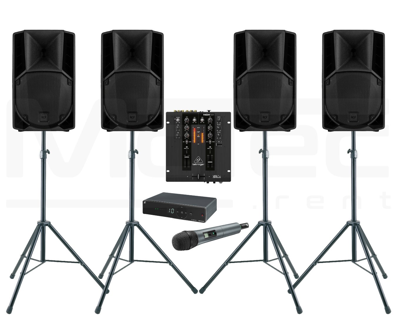 Musikanlage mieten Sportevent/Vortrag – 4x RCF 10" Lautsprecher, Funkmikrofon & Mischpult