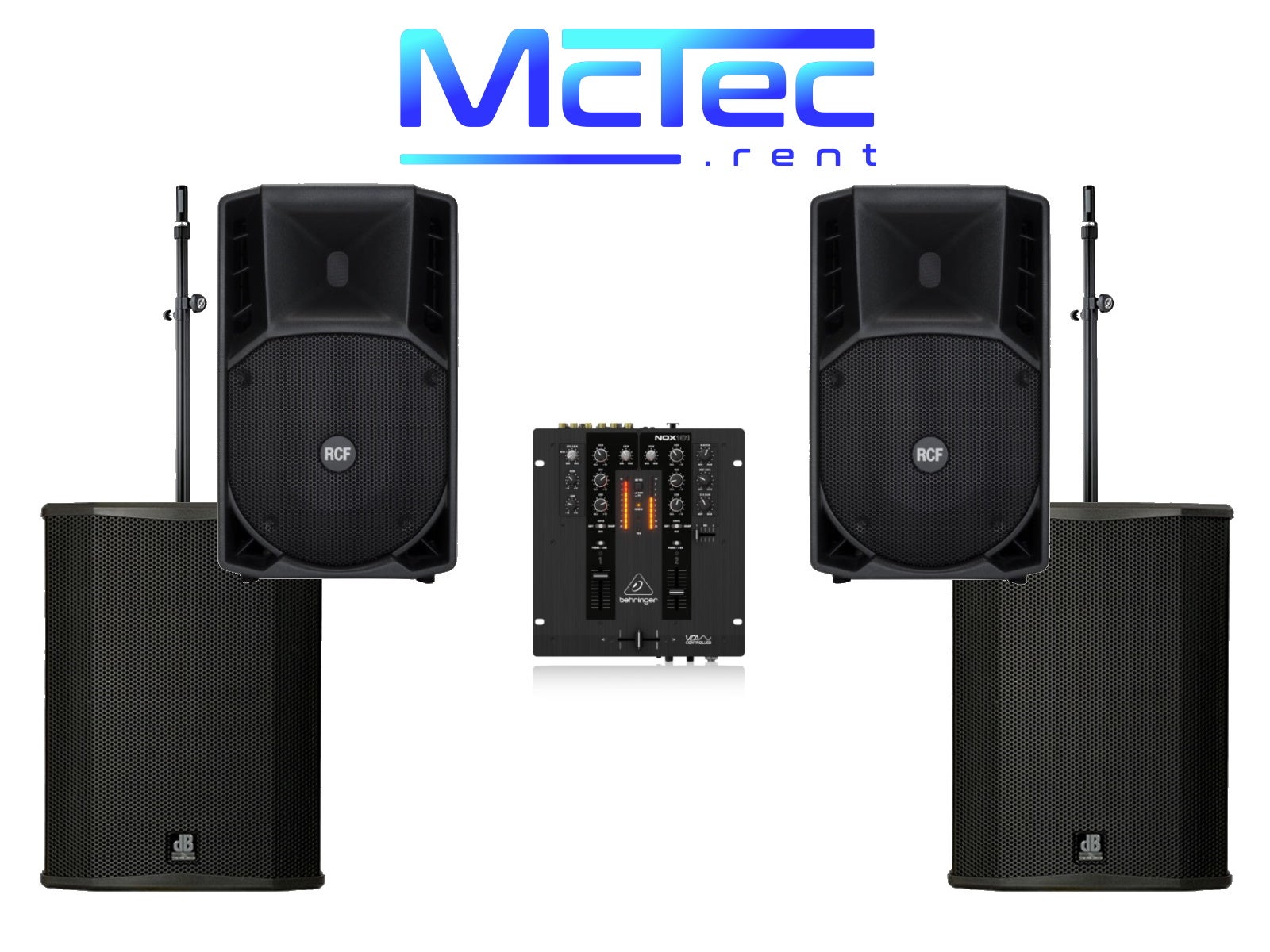 Musikanlage mieten für bis zu 300 Gäste – 2x RCF 12" Lautsprecher, 2x 18" Subwoofer & Mischpult