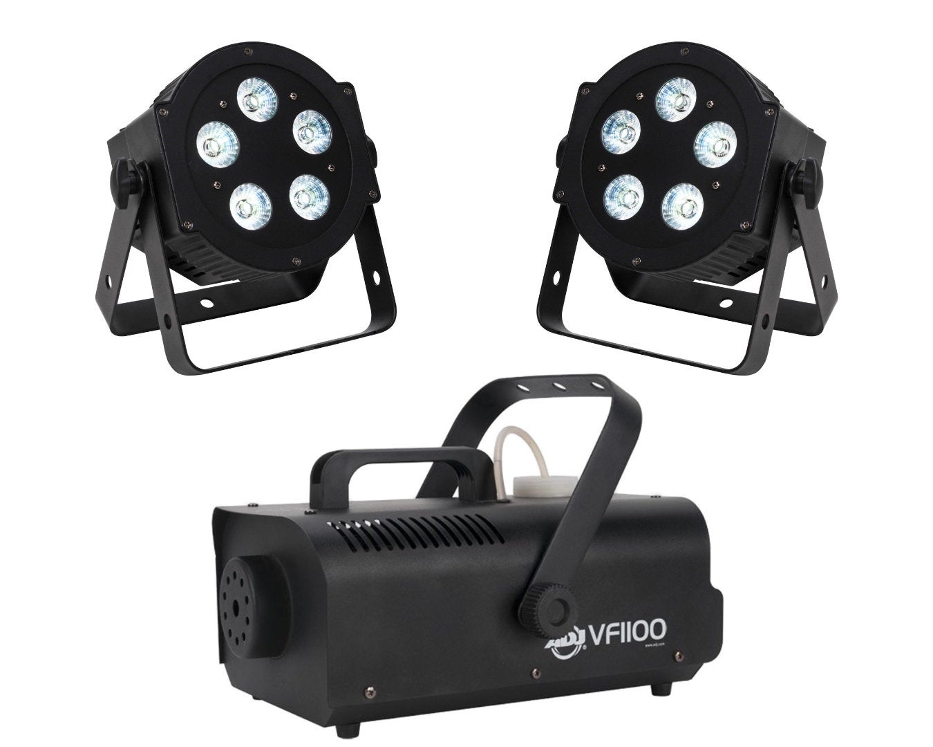 Lichtset D mieten – 2x ADJ LED Scheinwerfer + Nebelmaschine bis 30 Gäste