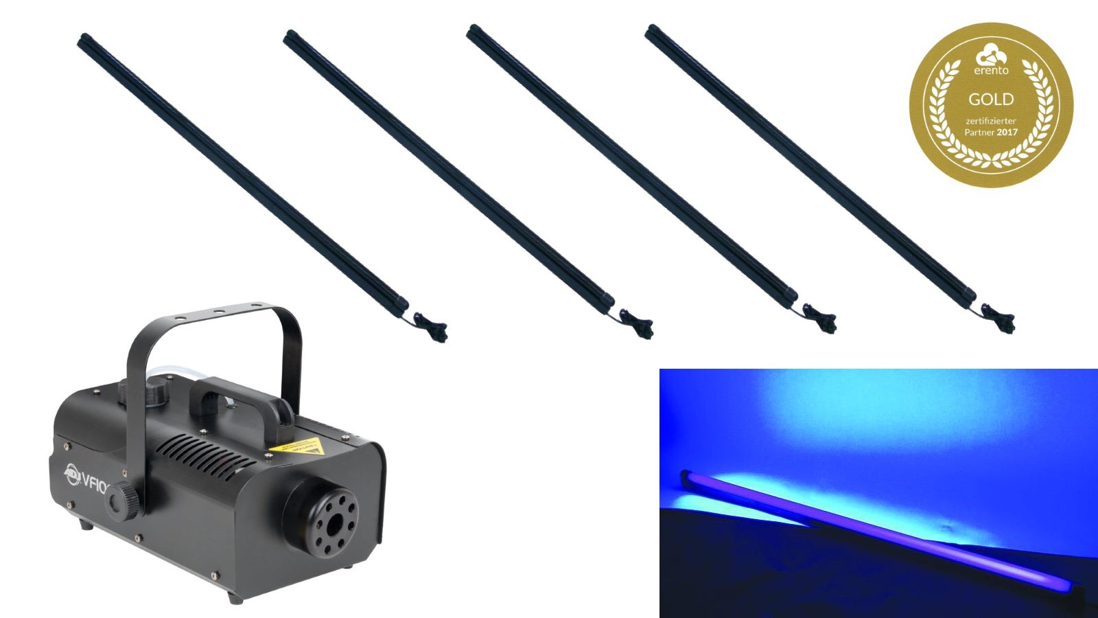 Lichtset G mieten – UV-Schwarzlicht (4 Röhren) + Nebelmaschine bis 30 Gäste