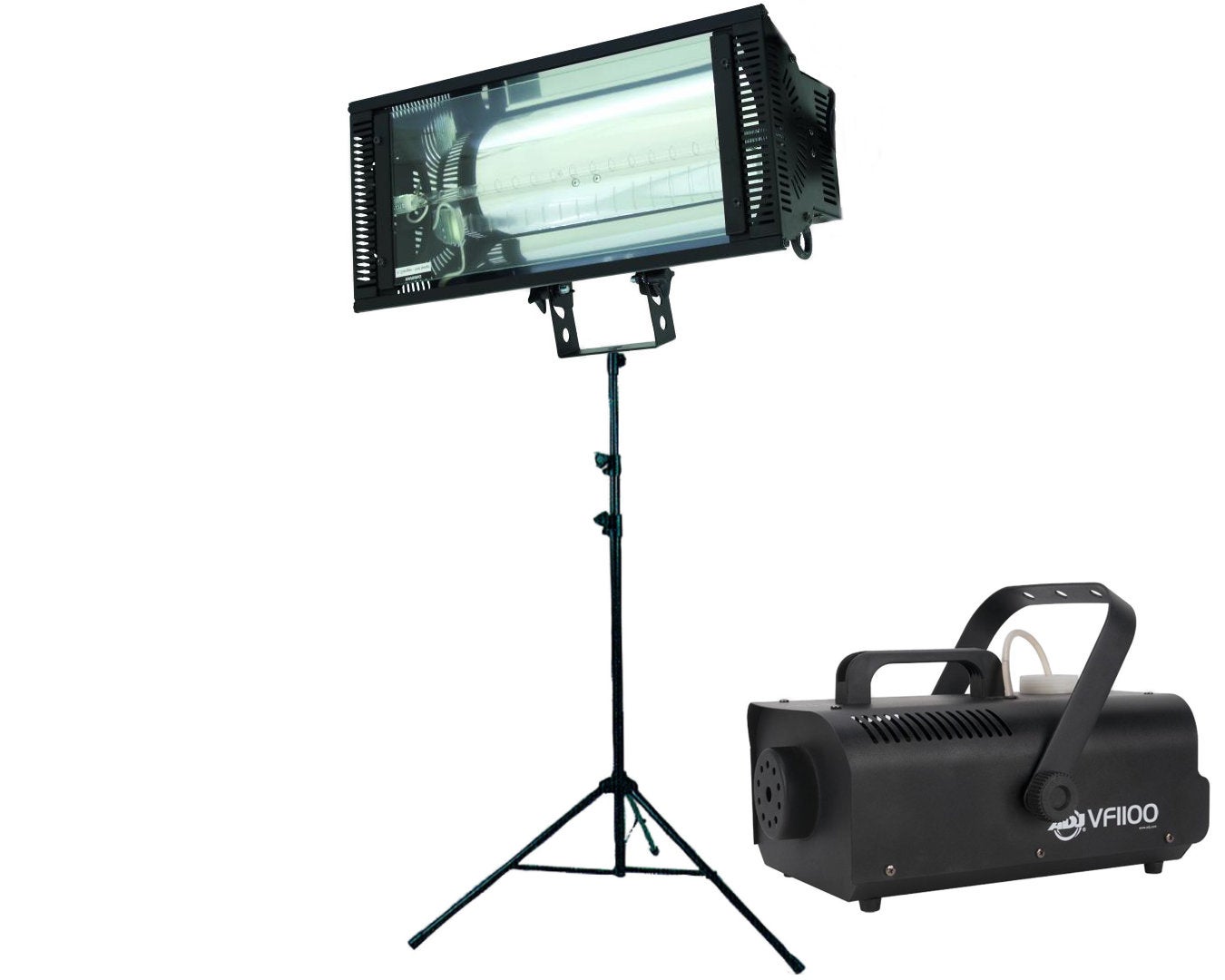 Lichtset H mieten – ADJ Stroboskop 1500 W + Nebelmaschine + Stativ bis 100 Gäste