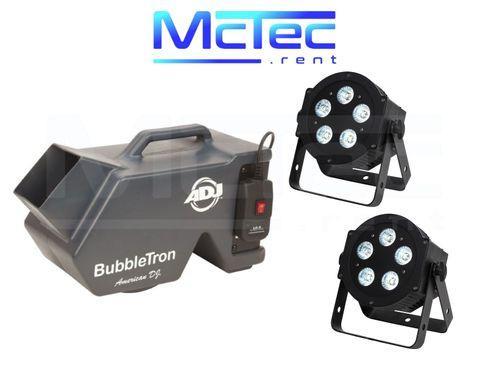 LED Lichtset mieten – 2x ADJ HEX LED Scheinwerfer & Seifenblasenmaschine (bis 40 Gäste)