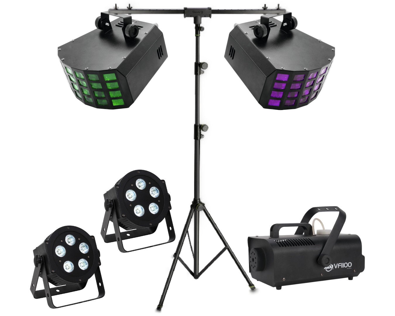Lichtset B mieten – LED Lichtanlage mit Scheinwerfern & Nebelmaschine bis 100 Gäste