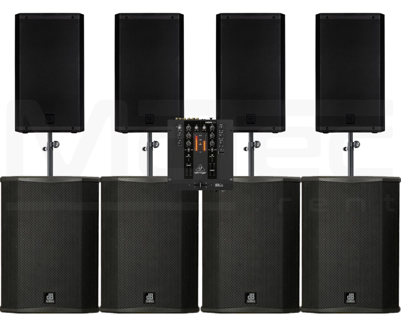 Musikanlage mieten bis 600 Gäste – 4x RCF 12" Lautsprecher, 4x 18" Subwoofer & Bluetooth