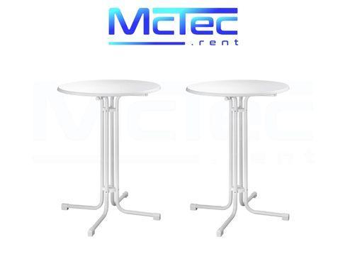 Stehtisch mieten – 2x Bistrotisch 110 cm, weiß, klappbar & wetterfest (TÜV)