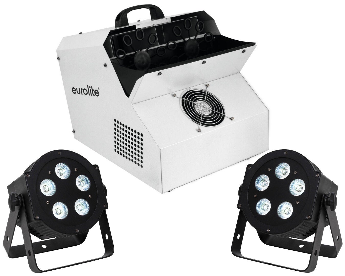 Lichtset F mieten – 2x ADJ LED Scheinwerfer + Seifenblasenmaschine bis 30 Gäste