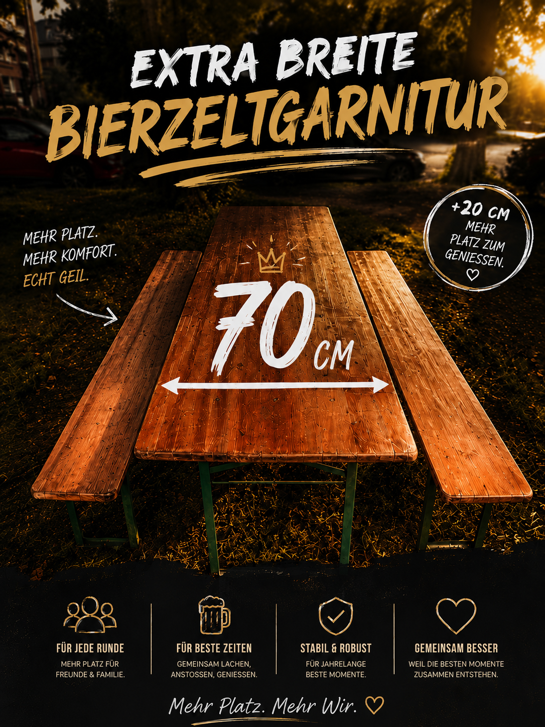 Bierzeltgarnitur mieten – extra breit (70 cm), inkl. Hussen-Option