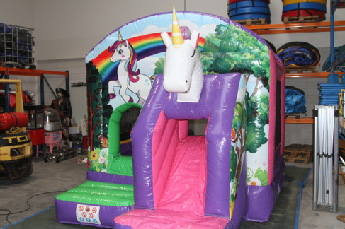 Hüpfburg Einhorn klein mieten – 3,9 x 2,8 m mit Rutsche & Dach – 3