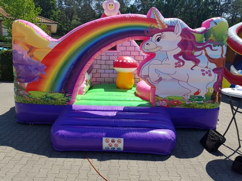 Hüpfburg Einhorn mit Rutsche mieten – 4,9 x 4,9 m nach DIN EN 14960 – 2