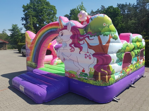 Hüpfburg Einhorn mit Rutsche mieten – 4,9 x 4,9 m nach DIN EN 14960