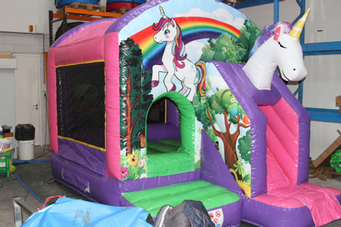 Hüpfburg Einhorn klein mieten – 3,9 x 2,8 m mit Rutsche & Dach – 2