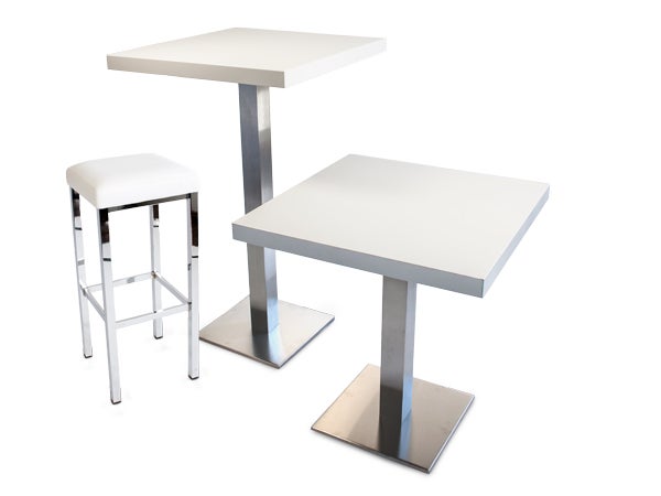 Stehtisch INOX BAR mieten – eckiger Stehtisch in matt-weiß und Edelstahl – 3