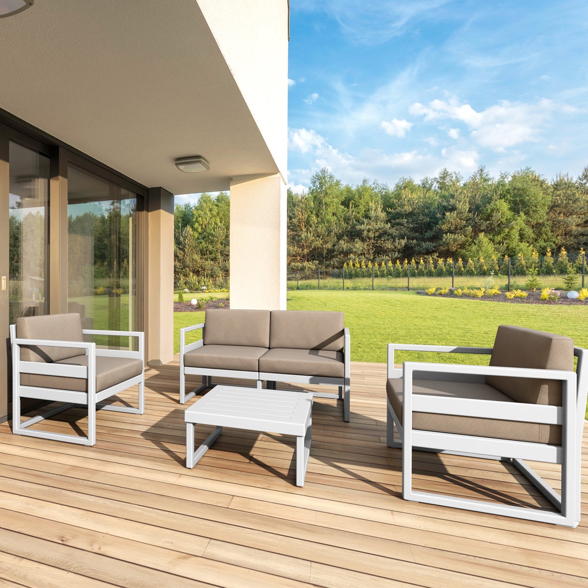 Outdoor Lounge-Set MYKONOS mieten – 2 Sessel, 2-Sitzer & Loungetisch, inkl. Polster – 4