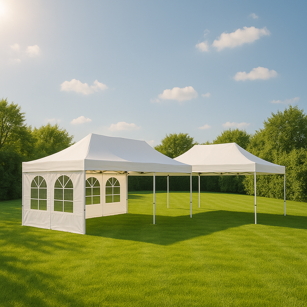 Faltpavillon 3x6 m weiß mieten – wetterfest, 18 m² mit 4 Seitenteilen