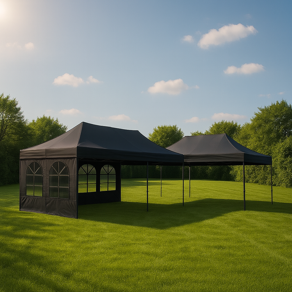 Faltpavillon 3x6 m schwarz mieten – wetterfest, 18 m² mit 4 Seitenteilen