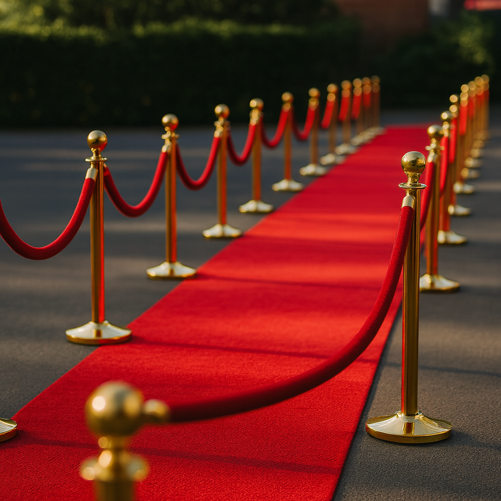 Absperrpfosten mit rotem Seil mieten – Tensatoren in Gold für Galas & Events