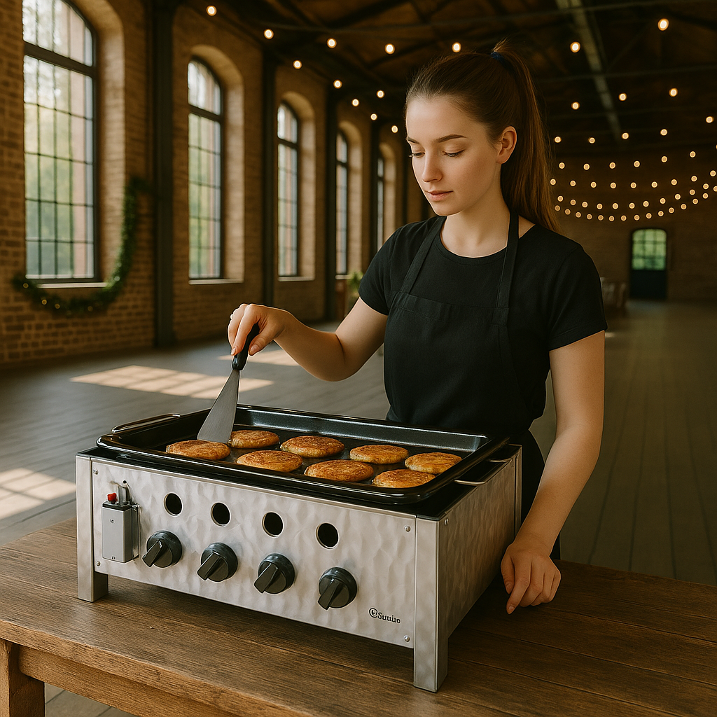Reibekuchenpfanne mieten – Profi-Gasgrill mit 3 Brennern für Märkte & Feste