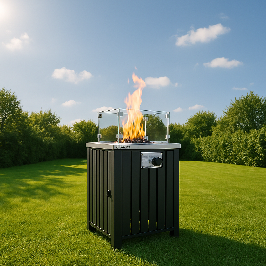 Gartenkamin mieten – Gas-Outdoor-Kamin mit Glasumrandung & regelbarer Flamme