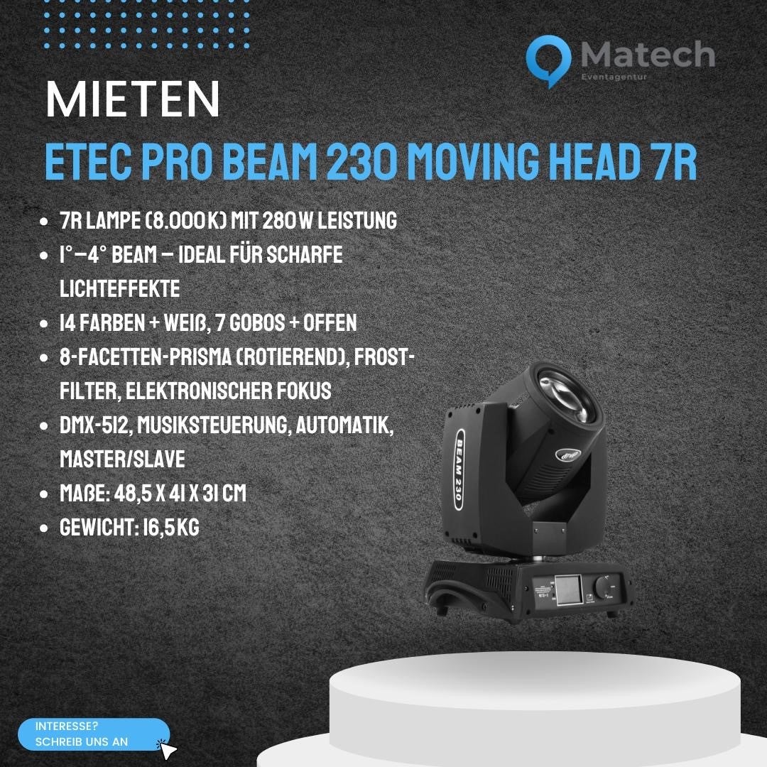 ETEC Pro Beam 230 Moving Head 7R mieten – 280W Beam mit gestochen scharfen Strahlen