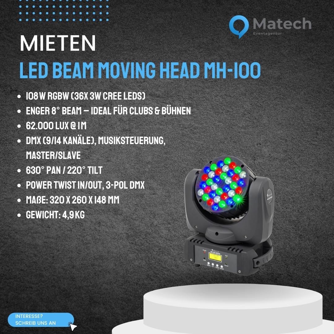 LED Beam Moving Head MH-100 mieten – 108W RGBW Beam mit ultraengem 8°-Strahl