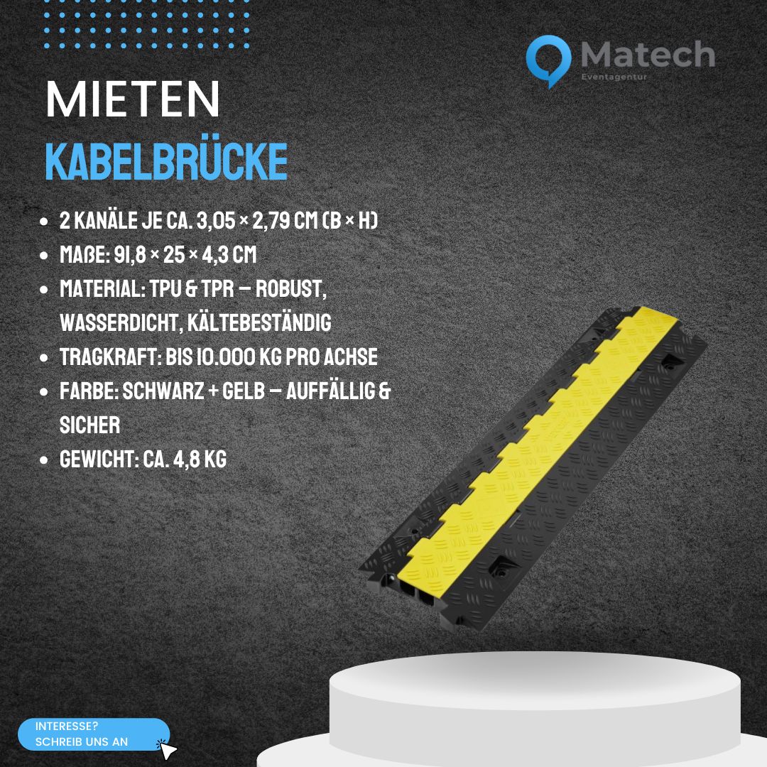 Kabelbrücke mieten – 2-Kanal Kabelkanal schwarz-gelb, befahrbar bis 10.000 kg
