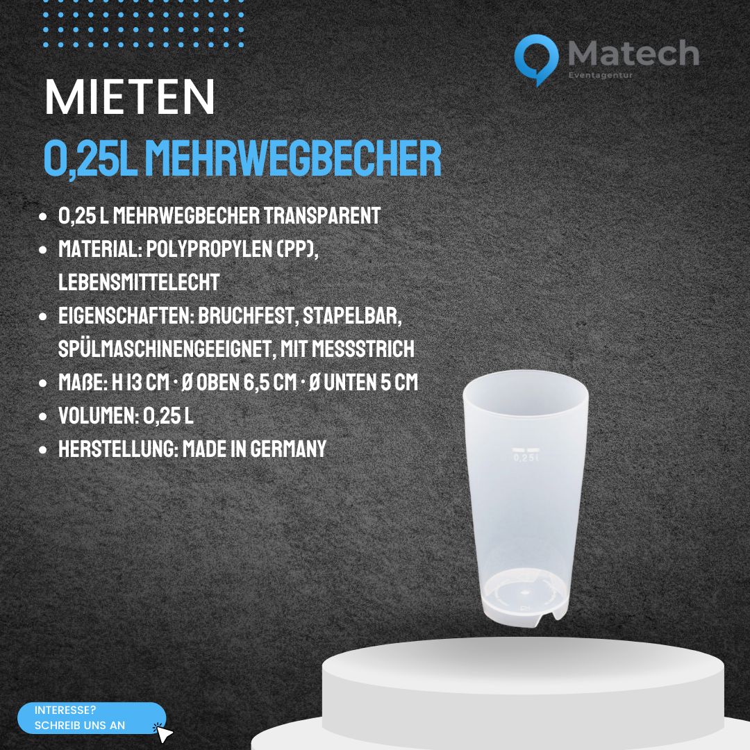 100x Stadionbecher 0,25 l mieten – stapelbare Mehrwegbecher, Made in Germany