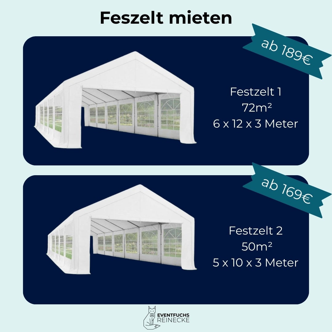 Festzelt Partyzelt 6x12m mieten – wasserfest für bis zu 144 Personen