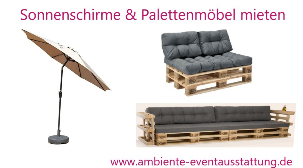 Sonnenschirm & Palettenmöbel mieten – Paletten-Lounge, Pavillon, Outdoor-Möbel