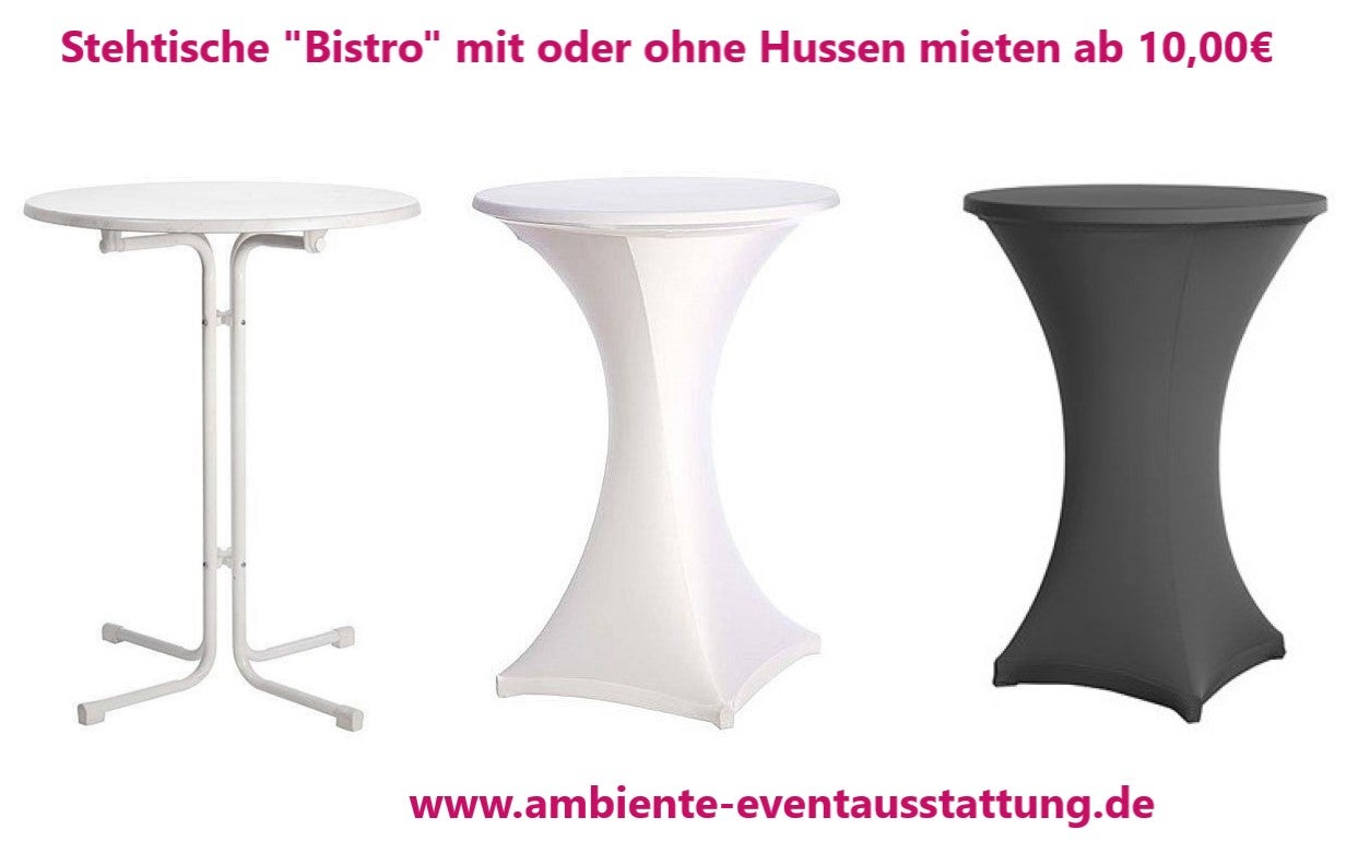 Stehtisch mieten – Bistrotisch & Design-Stehtisch mit Husse, LED-Akku-Stehtisch