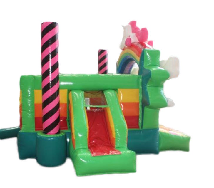 Hüpfburg mieten Einhorn Regenbogen mit Rutsche – Profi Springburg 4x4x4 m inkl. Zubehör – 3