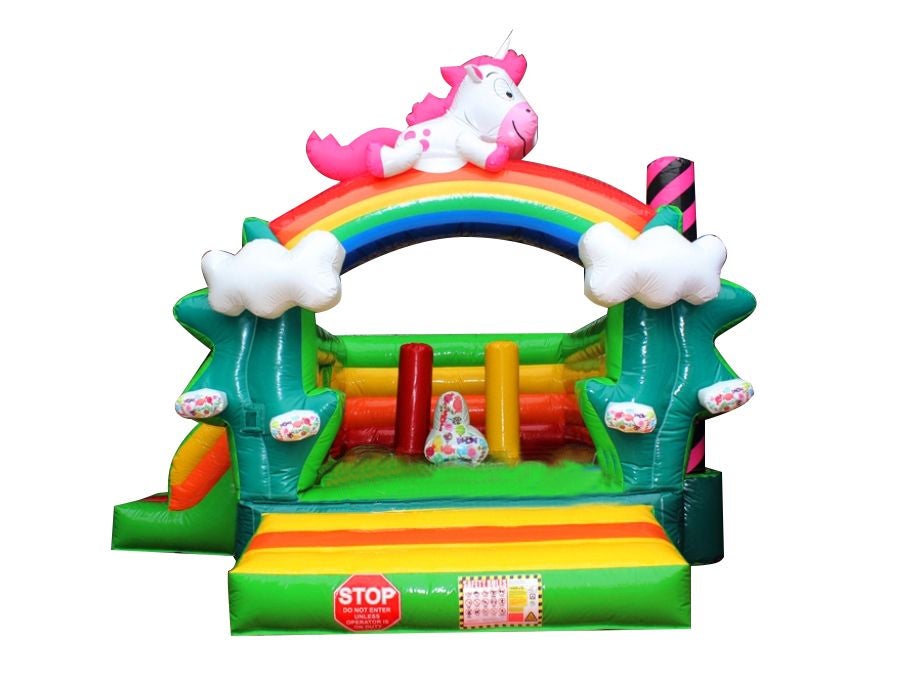 Hüpfburg mieten Einhorn Regenbogen mit Rutsche – Profi Springburg 4x4x4 m inkl. Zubehör