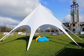 Sternzelt mieten – Festzelt Pavillon 10 m creme, wasserdicht, in 15 Min aufgebaut