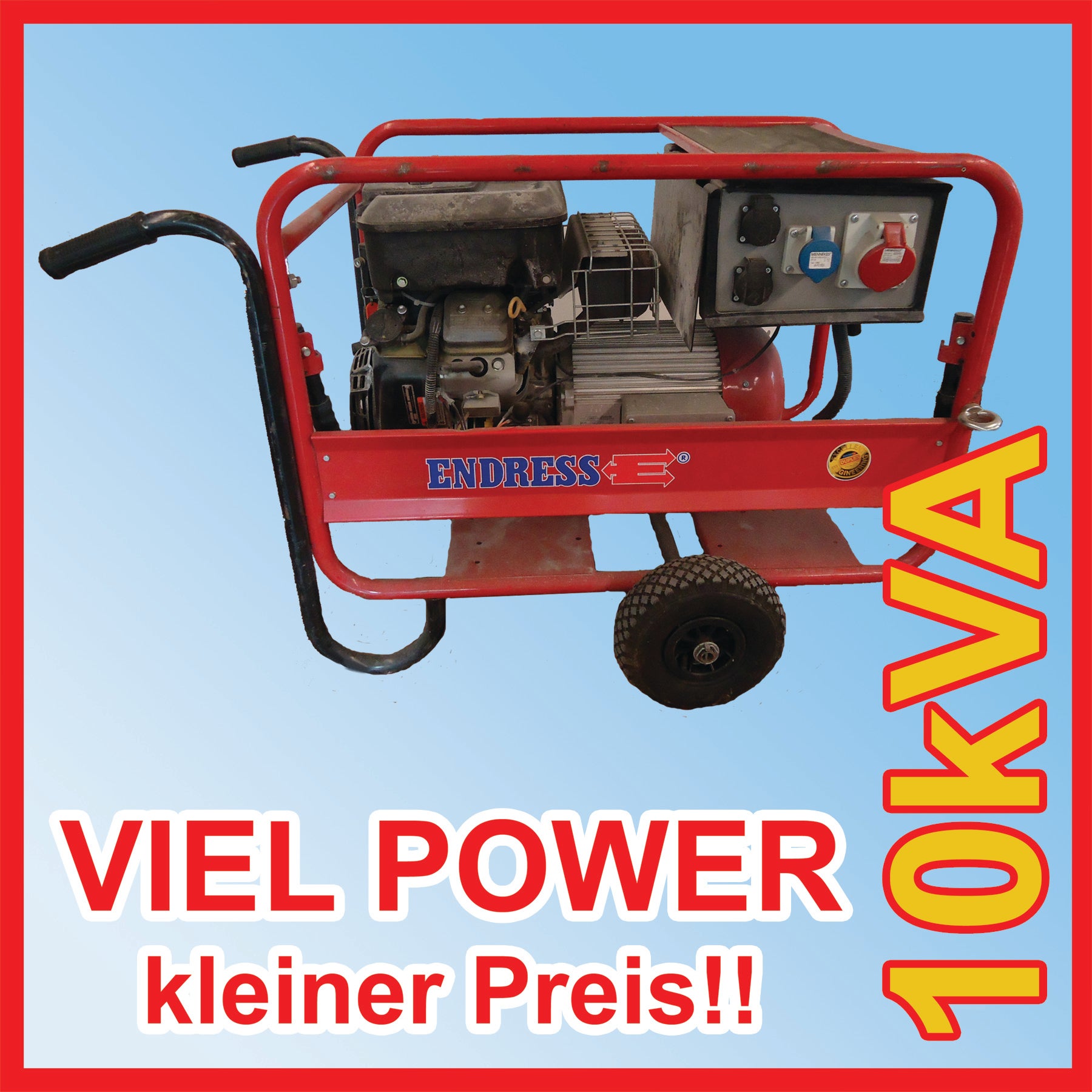 Stromerzeuger mieten – 10 kVA Benzin Stromaggregat 230/400 V für Baustelle