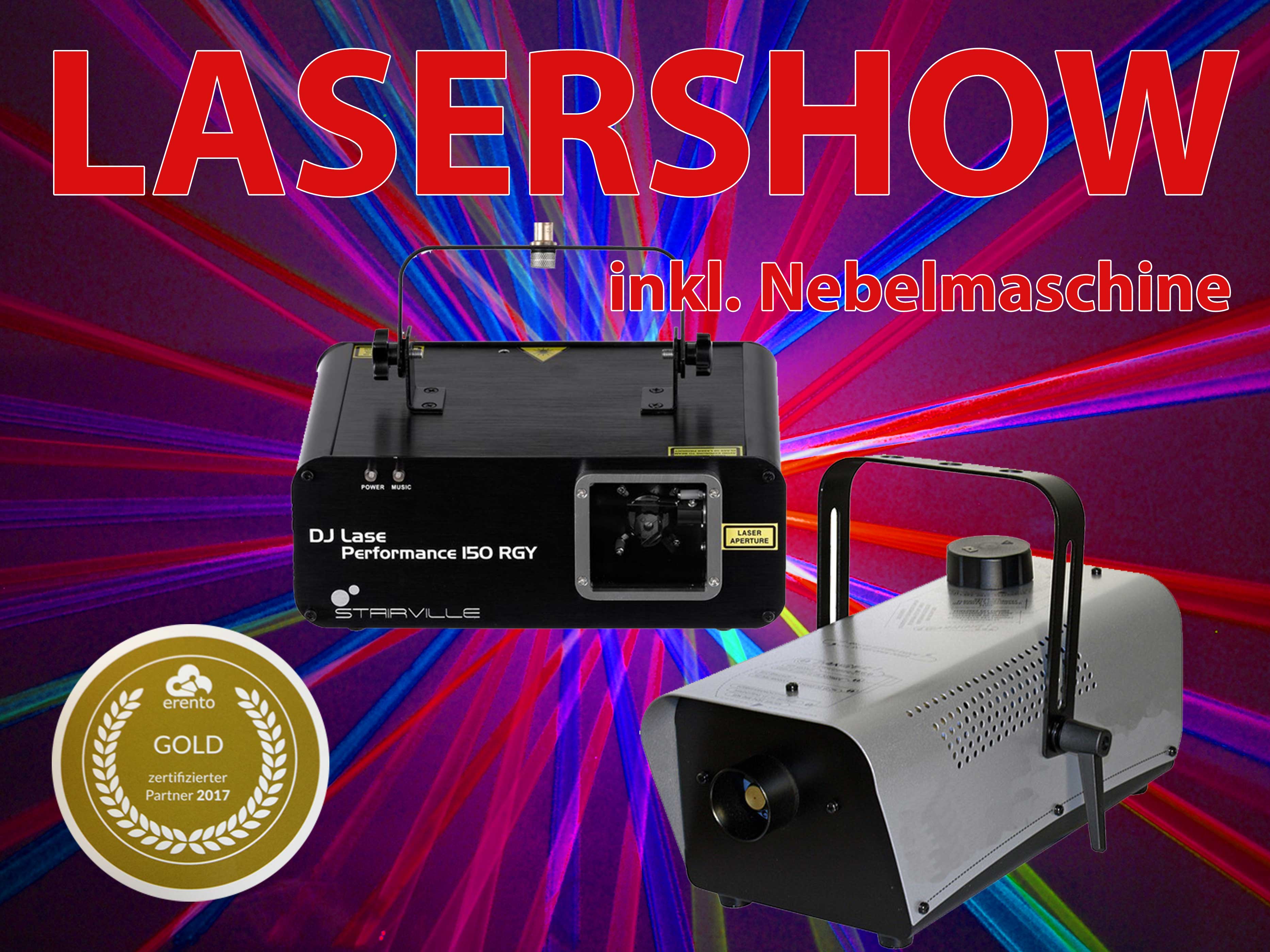Laser-Show mieten – Stairville DJ Lase 150 RGY Lichtshow inkl. Nebelmaschine