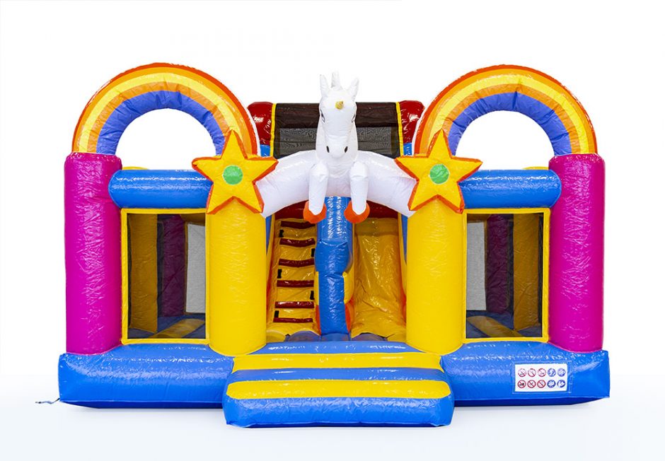 Hüpfburg Slidebox Einhorn mieten – 6,5x5,5x3,8 m mit Rutsche